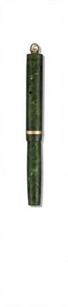 Two Boston ring top pens with gold-filled band at cap bottom: jade celluloid * black hard rubber.